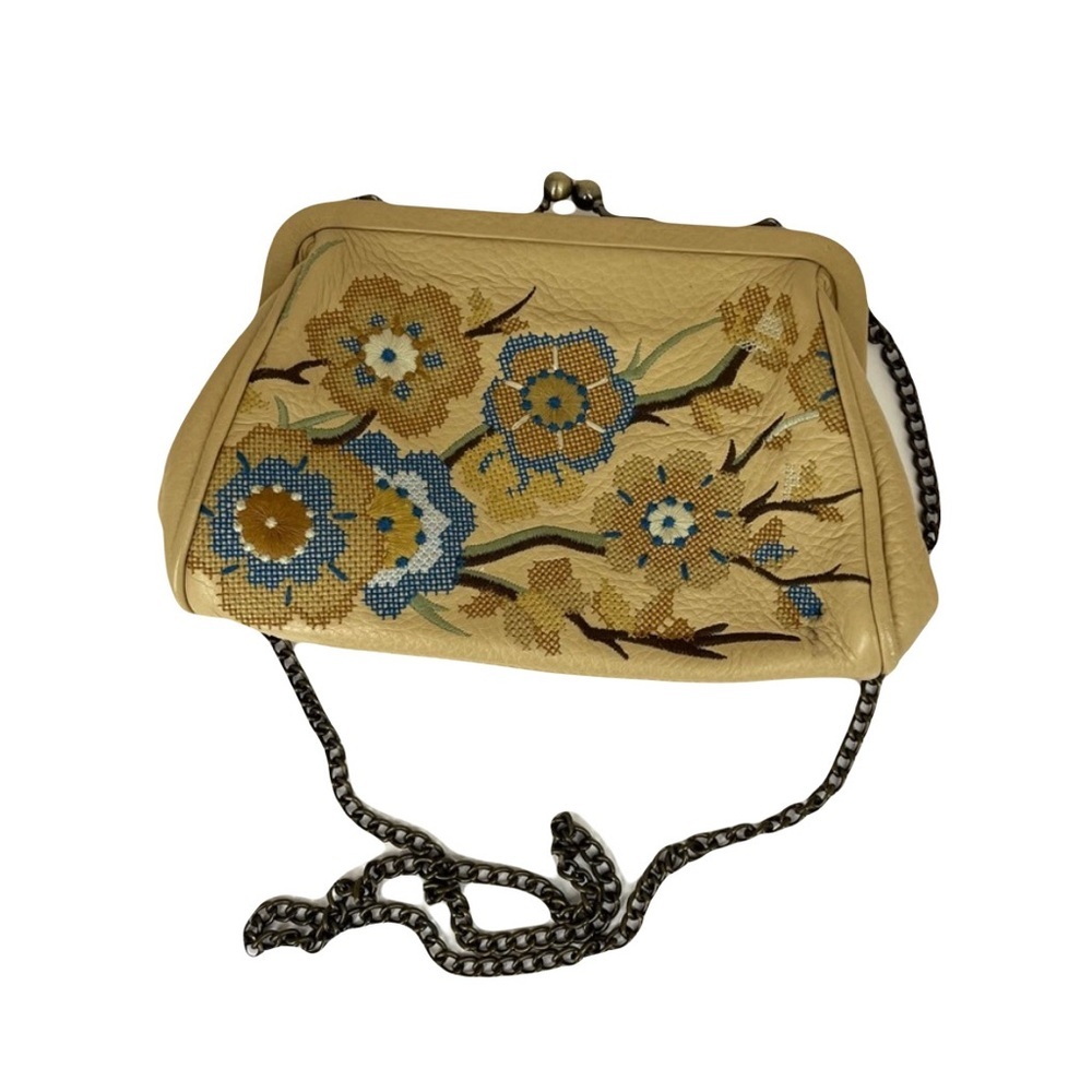 Isabella Fiore Boho Leather Embroidered Crossbody Purse Chain Strap Pre Owned